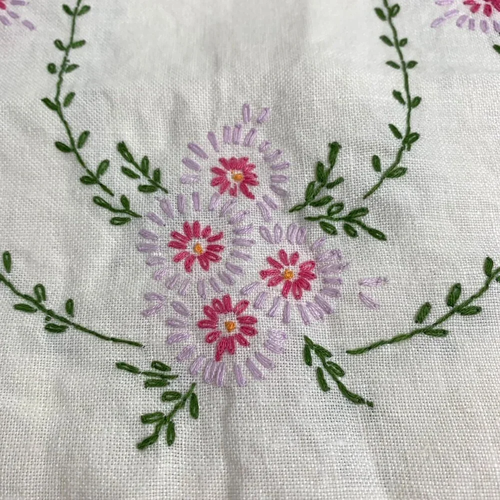 Vintage Cottagecore Hand-Embroidered Floral Rectangular Table Runner Linen